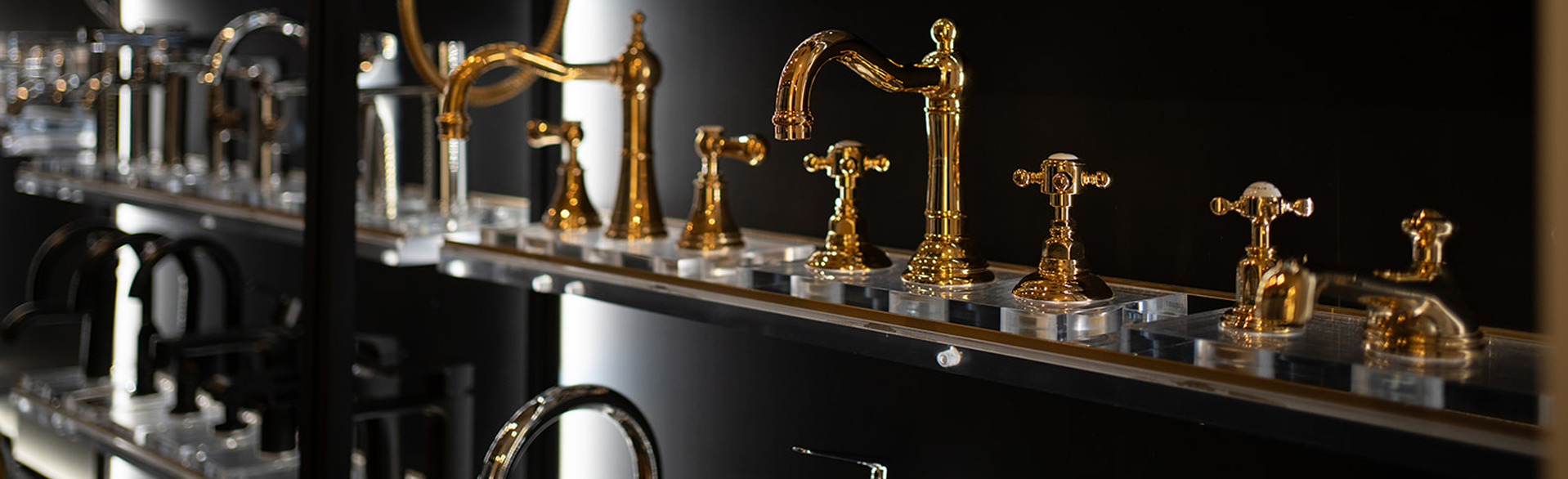 Luxury faucet display in kitchen and bath showroom.