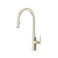 Modern brushed nickel kitchen faucet with high-arc spout.