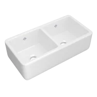 White double bowl farmhouse kitchen sink.