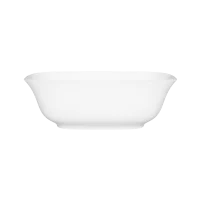 White freestanding soaking bathtub.